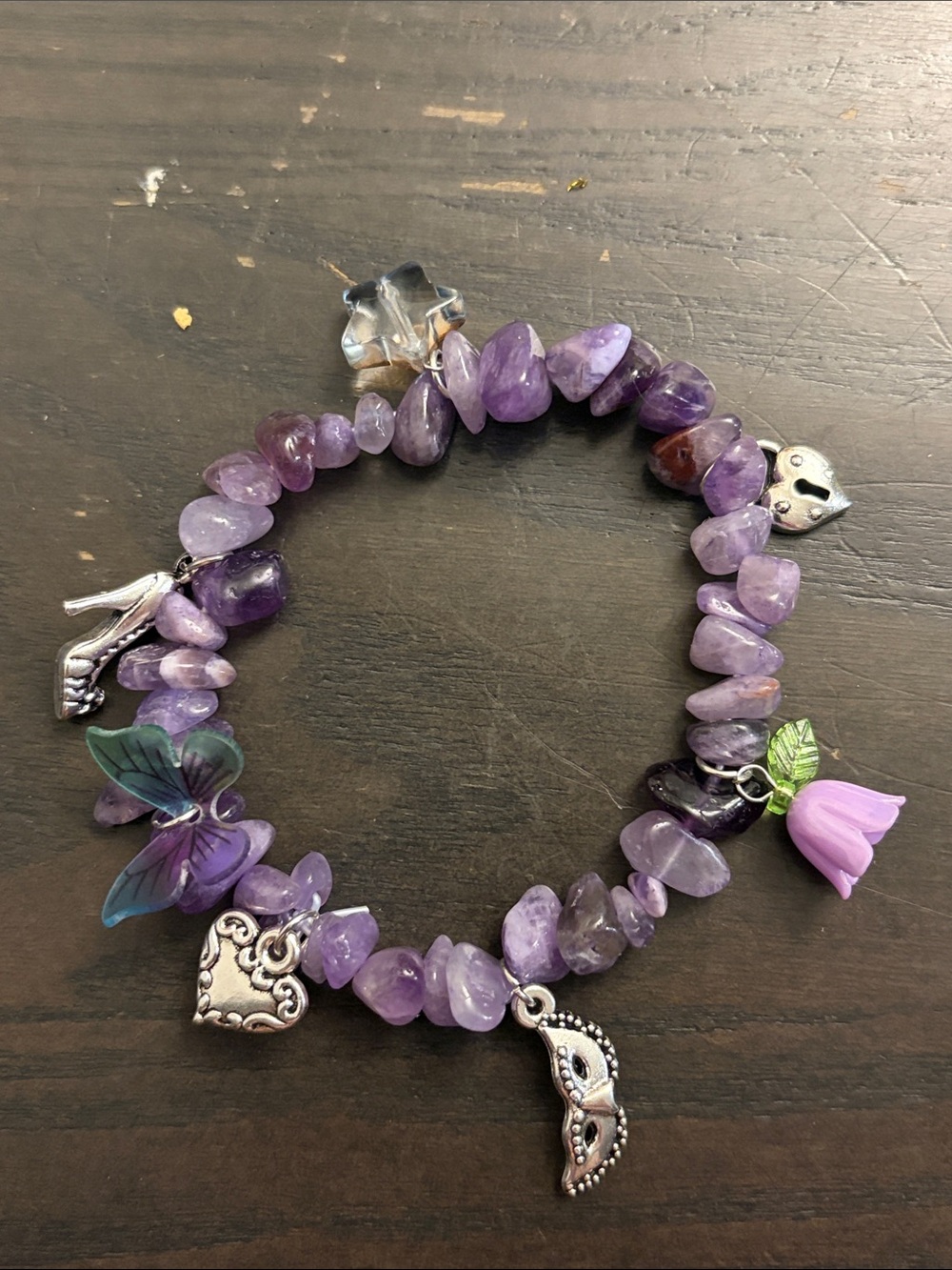 Amethyst Chip Charm Bracelet with Purple Flower & Butterfly Charms
